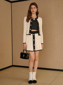 MOTF STUDIO 对比色镶边金色纽扣门襟修身剪裁网眼针织开衫 - 米色 - 查看 7