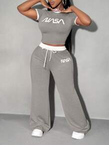 SHEIN SXY Summer;2pcs/Set Rose Pink Sporty Contrast Trim Top With Relaxed Fit Wide Leg Pants, Casual Tracksuit