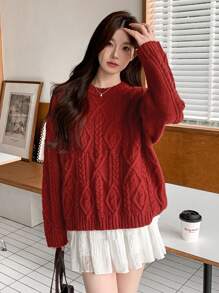 DAZY Women's Solid Color Drop Shoulder Long Sleeve Twist Knit Sweater, Autumn/Winter