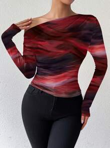 EMERY ROSE Camiseta de manga larga con hombro asimétrico y fruncido con estampado de degradado de mármol para mujeres, ideal para el Año Nuevo y la primavera/otoño - Rojo - Ver 3