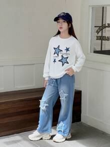 2pcs Set Tween Girl Printed Sweatshirt & Straight Leg Jeans - White - View 8