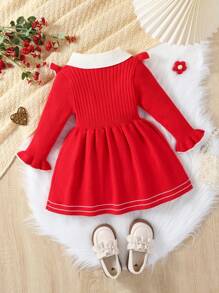 SHEIN Elladie kids Baby Girl Colorblock Collar Long Sleeve Ruffle Hem Cute Sweater Dress, Autumn/Winter - Red - View 2