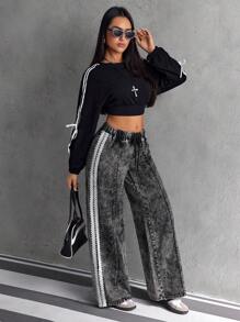 SHEIN ICON 女式侧条纹印花抽绳休闲直筒牛仔裤 - 黑色 - 查看 3