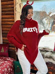 Calvaya 大码字母印花不对称下摆高领长袖毛衣