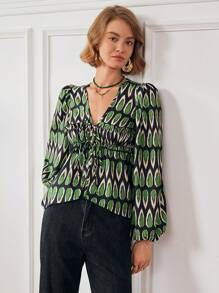 Almamuse Dames V-hals allover print blouse met strik aan de voorkant en lange mouwen