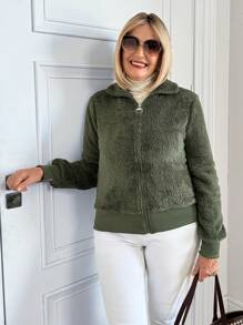 SHEIN LUNE Women Solid Color Zipper Front Long Sleeve Minimalist Furry Casual Jacket - Army Green - View 6