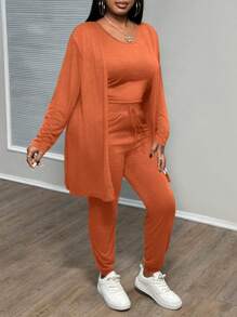 Slaydiva Bộ 3 áo ba lỗ + quần + áo khoác cỡ lớn thanh lịch giản dị, mùa thu/đông - Màu Cam san hô - Xem 4