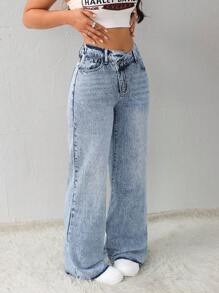 SHEIN Tall Women's Jeans Casual Loose Straight Trousers Blue Fleece Trousers Winter Jeans Thermal Denim Teddy Denim Teddy Thermal Fuzzy Fleece Teddy Women Jeans Low Rise Jeans Baggy Jeans Winter Women Clothes Thermal - Medium Wash - View 2