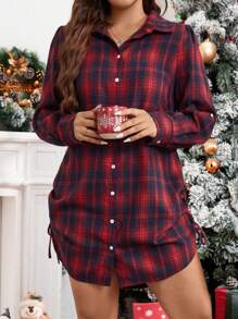 SHEIN LUNE 格纹侧抽绳侧扣衬衫裙 - 彩色 - 查看 4