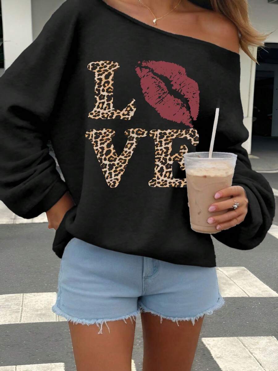 SHEIN EZwear Áo nỉ dài tay họa tiết da báo in hình đôi môi chữ Love rộng rãi cho nữ, thường ngày cho mùa thu/đông - màu đen - Xem 1