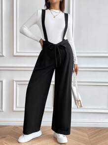 SHEIN Black Bowknot Waist Elastic Adjustable Maternity Jumpsuit - Black - View 3