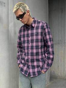 Manfinity VCAY 1 件男式华丽服装趣味休闲宽松时尚高街复古风格编织万圣节图案裤子返校秋季服装网格图案长袖衬衫