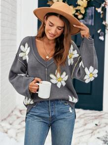 SHEIN VCAY Women Floral Pattern V-Neck Drop Shoulder Long Sleeve Sweater, Autumn/Winter,Thanksgiving , Valentine's Day Tops,FALL/Winter,Christmas Pajamas Family,Christmas Women Clothes,FW24,Christmas Sweater - Grey - View 5