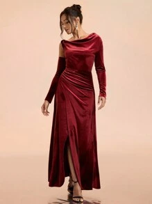 SHEIN Belle Vestido de mujer elegante y formal de Navidad de terciopelo con parches y volantes en el cuello, ajustado y entallado, color rojo burdeos, elegante y lujoso, con encaje de lentejuelas transparente, empalme de terciopelo, falda sirena con cola, manga larga, ideal para bodas, fiestas, bailes de graduación y eventos formales (versión resistente), vestido de noche, para invitadas de boda, graduación y cenas - Rojo - Ver 5