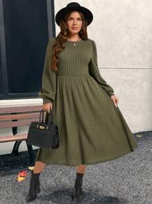 EMERY ROSE Plus Size Casual Solid Color Long Sleeve Knitted Dress, Autumn & Winter Women Dress - Army Green - View 4