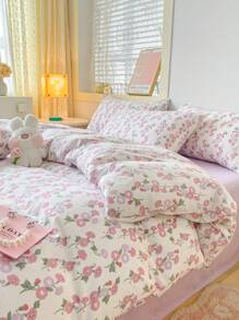 Bộ đồ giường 3 món 100g in hoa mềm mại và thân thiện với da đã giặt (1 vỏ chăn, 2 vỏ gối, không bao gồm ruột) - Nhiều màu - Xem 6