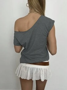 INAWLY 女士休闲纯色不对称领口蝙蝠袖 T 恤，夏季图案 T 恤女式上衣