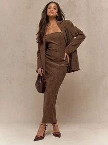 MISSGUIDED Strapless Suede Maxi Dress With Back Slit Formal Evening Gown Party Winter Fall Wedding Guest Column Dress - Coffee Brown - View 4