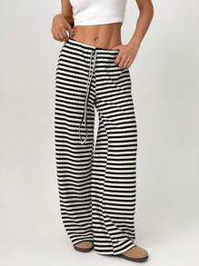 SHEIN PETITE Calça Casual Feminina Listrada com Amarração na Frente