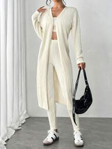 SHEIN Essnce 女士休闲扭纹纹理三件套，女士针织套装 - 背心、裤子和夹克，女士休闲家居，米色 - 米色 - 查看 4