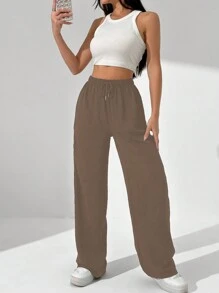 SHEIN Unity Quần dài đơn sắc buộc dây phía trước cho nữ, mặc hàng ngày - gừng - Xem 5