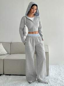 SHEIN Unity Áo nỉ trùm đầu có khóa kéo dài tay và quần jogger túi kẻ sọc nhiều màu thường ngày - Nhiều màu - Xem 3