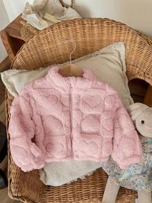 SHEIN LMoss Kids LMoss Autumn/Winter Cute Casual Versatile Heart Pattern Fluffy Long Sleeve Stand Collar Jacket For Baby Girls