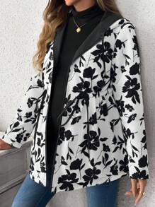 SHEIN Maternity Casual Zip-Up Long Sleeve Hoodie Jacket With Pockets, Pockets, For Autumn - Black and White - View 2