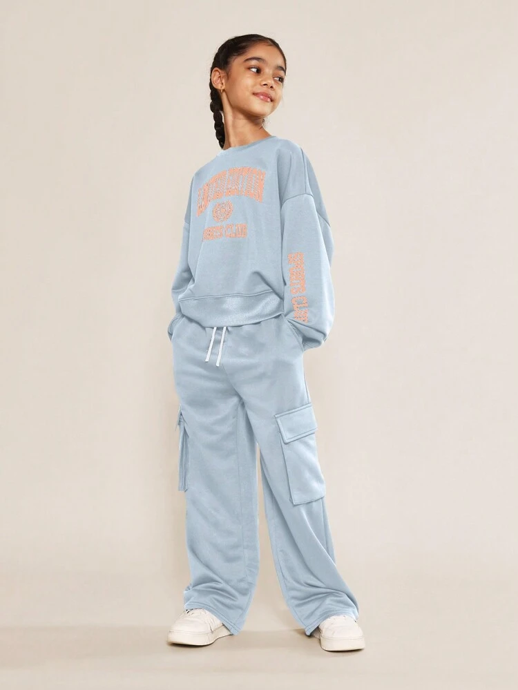 Tween Girls Regular Fit Crew Neck Drop Sweatshirt With Limited Edition Graphic Print And Straight Fit Cargo Pant 2 Piece Set