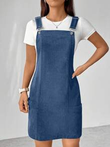 Flirla Women's Simple Casual Summer Corduroy Suspender Dress With Dual Pockets - Blue - View 6