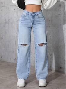 SHEIN PETITE Vaqueros rectos casuales desgastados - Negro - Ver 1