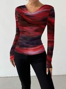 Chiquease Áo thun dài tay cổ nhún in họa tiết nhuộm tie-dye cho nữ dịp năm mới, thích hợp mặc vào mùa xuân. - Đỏ - Xem 4