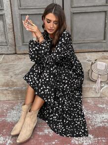 SHEIN LUNE 2024 Otoño/Invierno Nuevo Vestido Largo de Mujer Negro con Cinturón a la Cintura - Negro - Ver 5