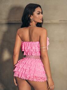 Zolique Lace Spliced Bow Decor Ruffled Tube Top Jumpsuit, Casual Holiday Attire - Pink - View 2