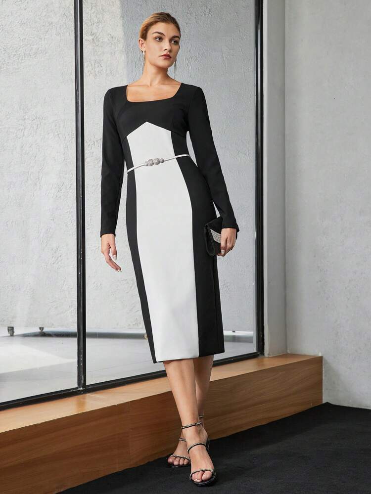 TWO TONE SQUARE NECK SLIM FIT MIDI DRESS WITHOUT BELT