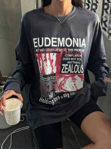 DAZY Women's Casual Loose Figure & Slogan Print Round Neck Long Sleeve T-Shirt, Autumn,Graphic Tees