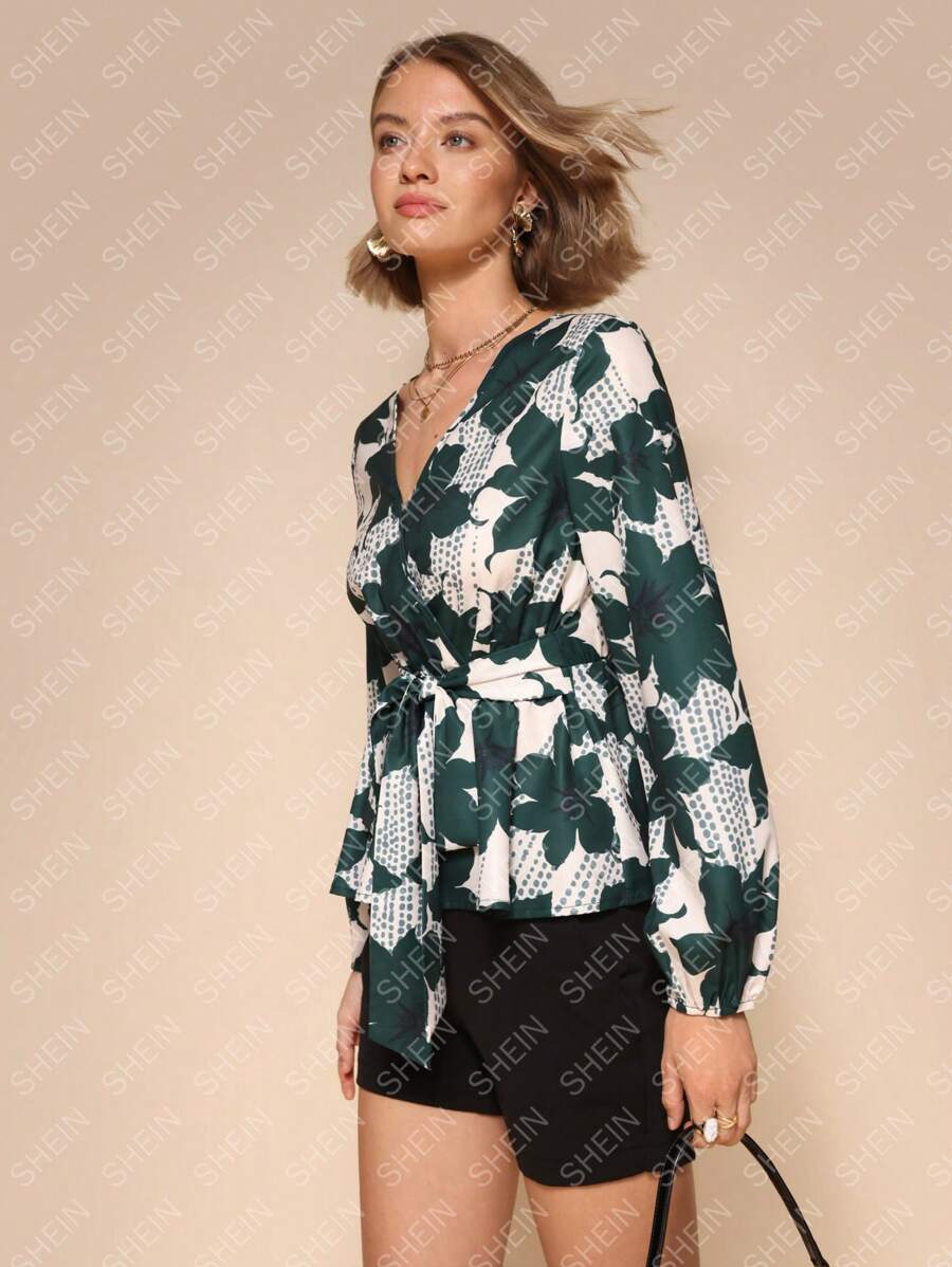 Chiquease Áo cánh dài tay in họa tiết chữ V toàn thân cho nữ kèm thắt lưng - màu xanh lá - Xem 1