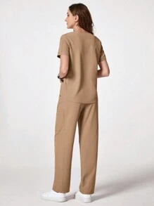 TaskEZ Contrast Color Patchwork Short Sleeve Top & Pants Nurse Uniform Scrub Set - Khaki - View 2
