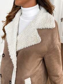 SHEIN 孕妇双排扣保暖内衬长款夹克，秋冬季休闲风格 - 卡其色 - 查看 8