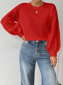 Chiquease Loose Round-Neck Lantern Sleeveharmony Drop Shoulderknitted Sweater For New Year Clothes,Long Sleeve Tops