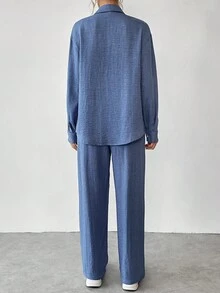 SHEIN LUNE 女士常规纯色休闲长袖衬衫和裤子套装 - 藍色 - 查看 2