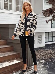 EMERY ROSE Dames V-hals Lange Mouw All-Over Print Minimalistische Casual Blouse, Voor Dagelijks Gebruik