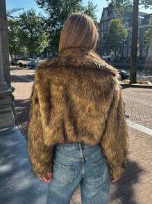 SHEIN EZwear Ladies Winter Front Open Short Fluffy Jacket - Rust Brown - View 2