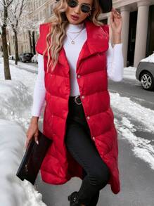 SHEIN LUNE Women's Winter Solid Color Single-Breasted Sleeveless Long Casual Down& Feathers - Red - View 7