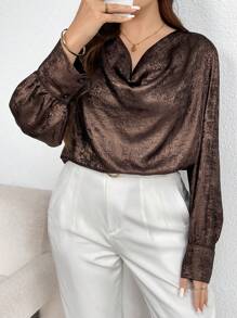 大码优雅低胸天鹅绒衬衫，适合秋季日常休闲穿着 - 棕色 - 查看 7