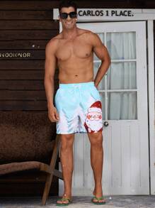 Manfinity Swimmode Pantalones cortos de playa con cordón en la cintura, bolsillos laterales y estampado de Papá Noel y copos de nieve para hombre, verano