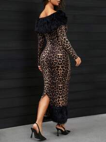SHEIN SXY Sexy luipaardprint patchwork pluizige warme lange jurk voor dames, herfst/winter