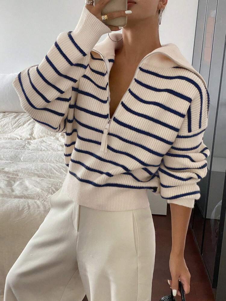 Women Drop Shoulder Striped Casual Long Sleeve Pullover Sweater, For Autumn/Winter