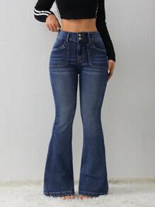 SHEIN Tall 女士牛仔裤 休闲紧身弹力喇叭牛仔裤 牛仔裤 - 深色水洗藍 - 查看 2