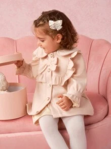 SHEIN Baby Girls' Stand Collar Bowknot Decor Long Woolen Coat For Formal Occasions In Fall And Winter - Apricot - View 3
